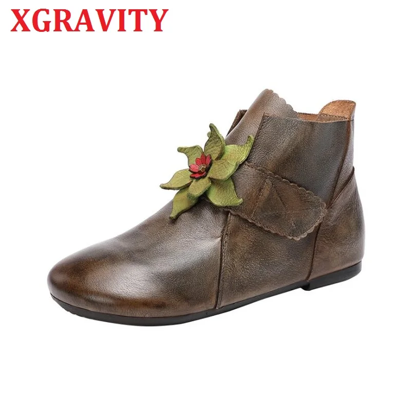 

XGRAVITY S081 2020 Genuine Leather Vintage Soft Sole Flat Shoes Cow Genuine Leather Woman Boots All Matched Flower Footwear Shoe