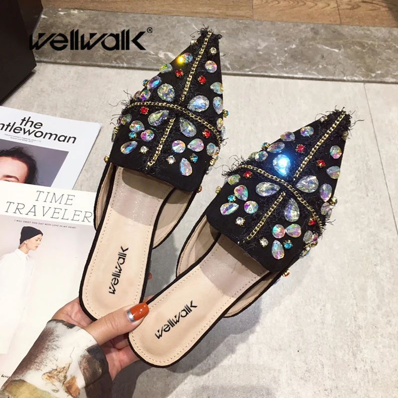 Модные мюли Женские тапочки на плоской подошве Цветные стразы Шлепанцы летние