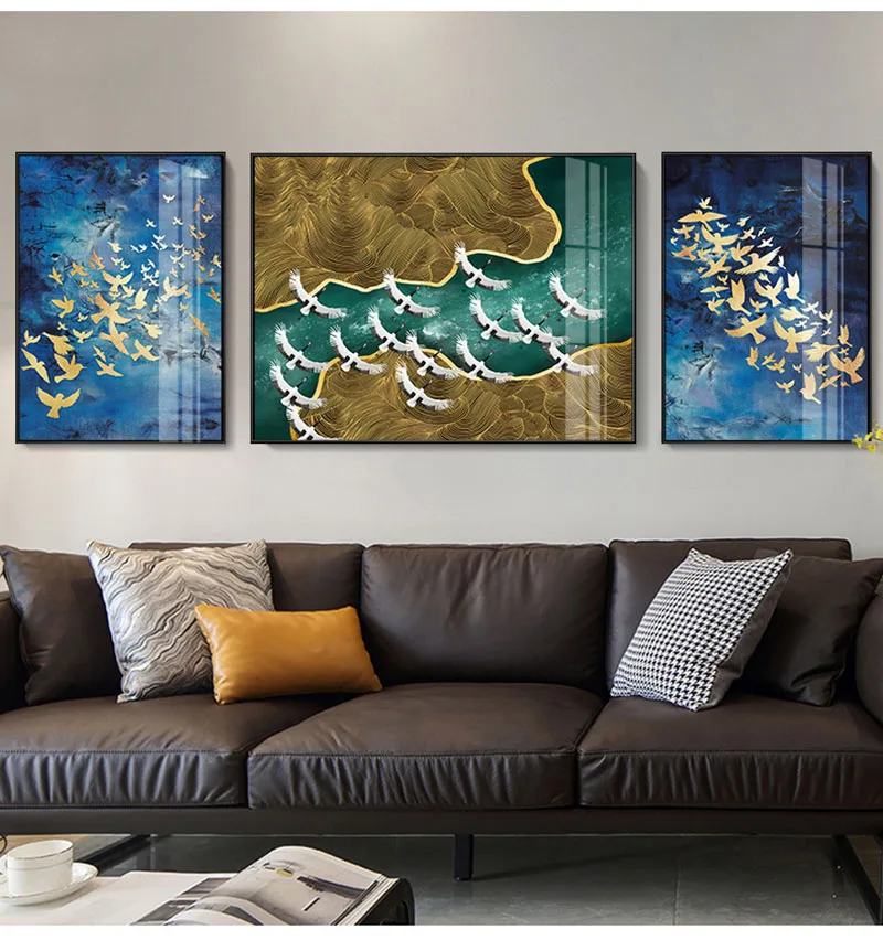 

Дерево Птицы современная простота абстрактный китайский стиль Золотой пейзаж горы крыльцо украшение гостиной Холст Искусство постер Tr
