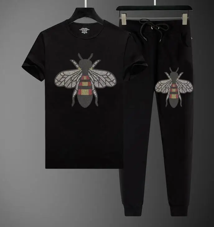 

Drop shipping Fashion Rhinestones man sets Men tshirt + pants Mens tracksuit