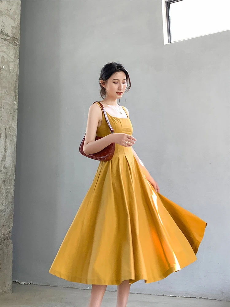 Платье женское французское с высокой талией желтое ТРАПЕЦИЕВИДНОЕ ПЛАТЬЕ