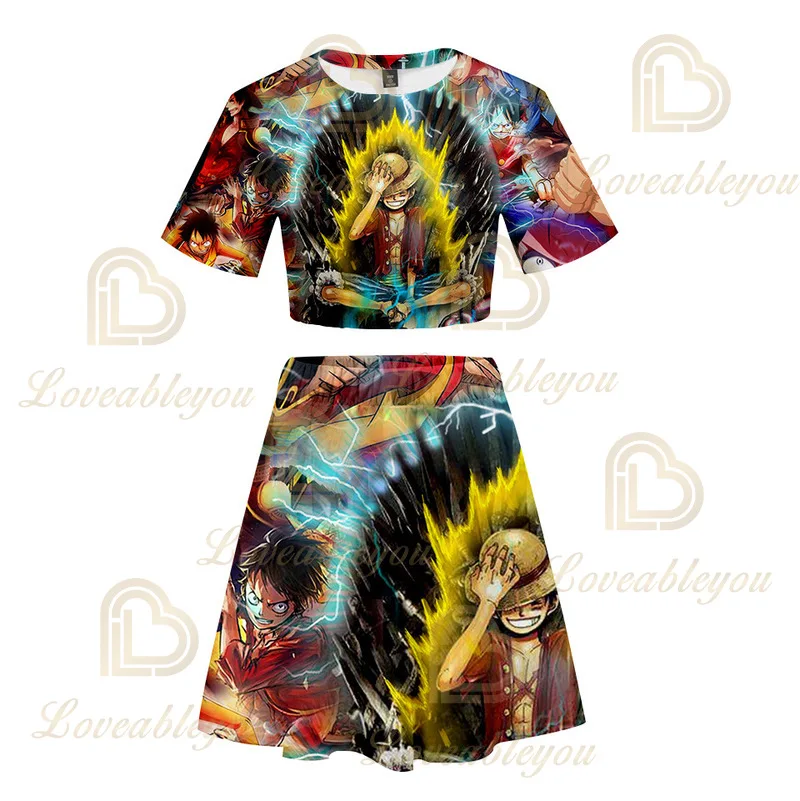 

Summer Anime Luffy 3D T Shirt Women Sexy Navel Crop Top Fashion Monkey D Short Sleeve Female Skirts Two Piece Sets