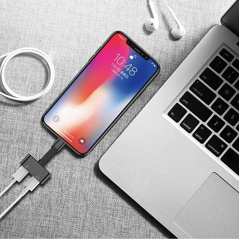 Dual Ports Adapter Splitter 2 In 1 Headphone Jack Aux Audio & Charger Cable Connector Compactible For (White) |