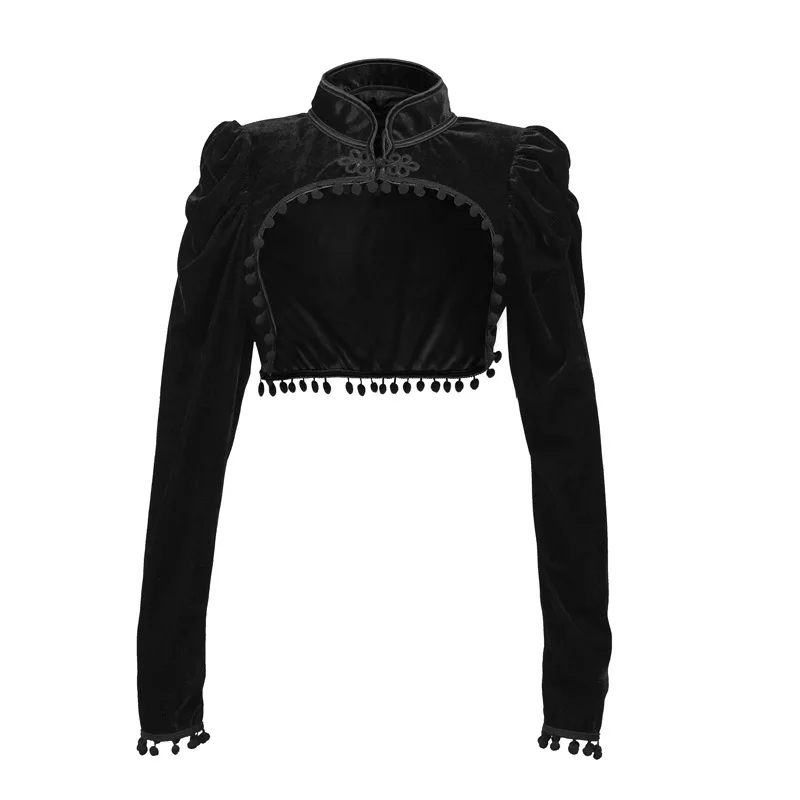 

GothGotik Gothic Vintage Black Velvet Short Slim Sexy Short Women Jacket Stand Collar Tasseled One Button Long Sleeve Elegant
