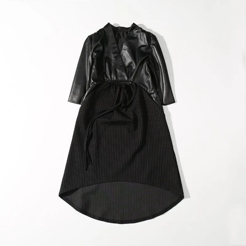 2020 Spring Women Genuine Leather Dress Black Long Sleeve Elegant High Waist Vintage Real Sheepskin Ladies Clothes | Женская одежда