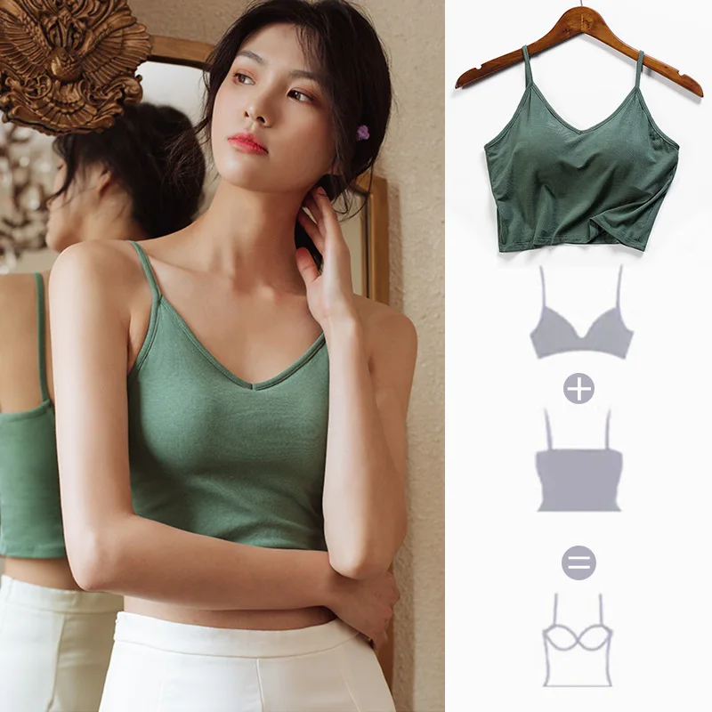 

Cotton Women Crop Top V-Neck Sexy Tube Top Solid Color Base Underwear Wirefree Non-Adjusted-Straps Lingerie Female