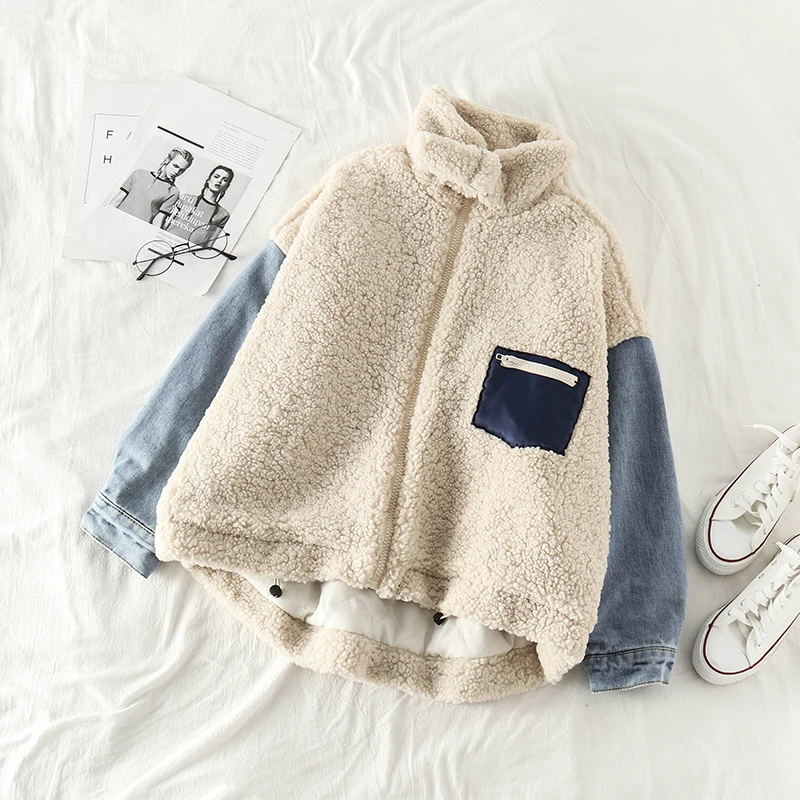 Осеннее пальто из искусственного меха в стиле пэчворк зимняя женская джинсовая