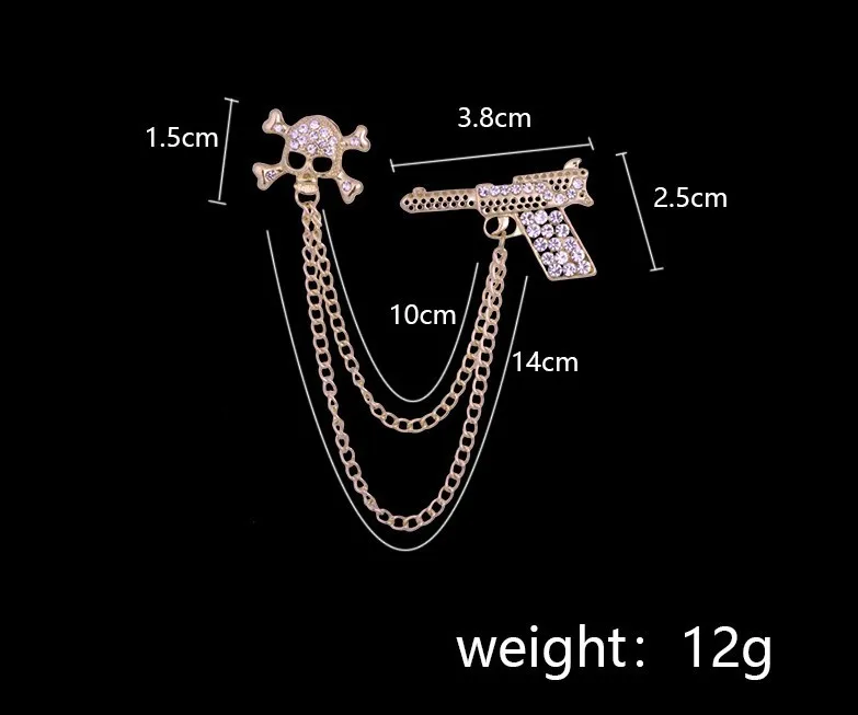 Корейский Новый Металлический Череп пистолет Брошь Стразы кисточка цепочка