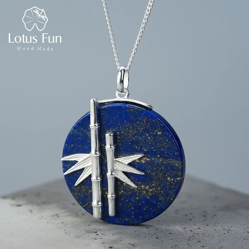 Lotus Fun Настоящее серебро 925 проба Натуральный креативный ручной работы дизайнерские ювелирные изделия Уникальный свежий бамбуковый кулон без ожерелья - Цвет камня: Style 1 - Lapis