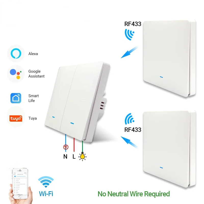 

WiFi RF433 Smart Wall Light Switch,No Neutral Wireless Transmitter ,Tuya APP Control Alexa Google Home Compatible 1/2/3 Gang