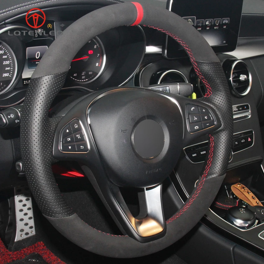 

LQTENLEO Car Steering Wheel Cover Black Genuine Leather Suede for Mercedes Benz C180 C200 C260 C300 B200 E200 E300 CLS260 CLS300