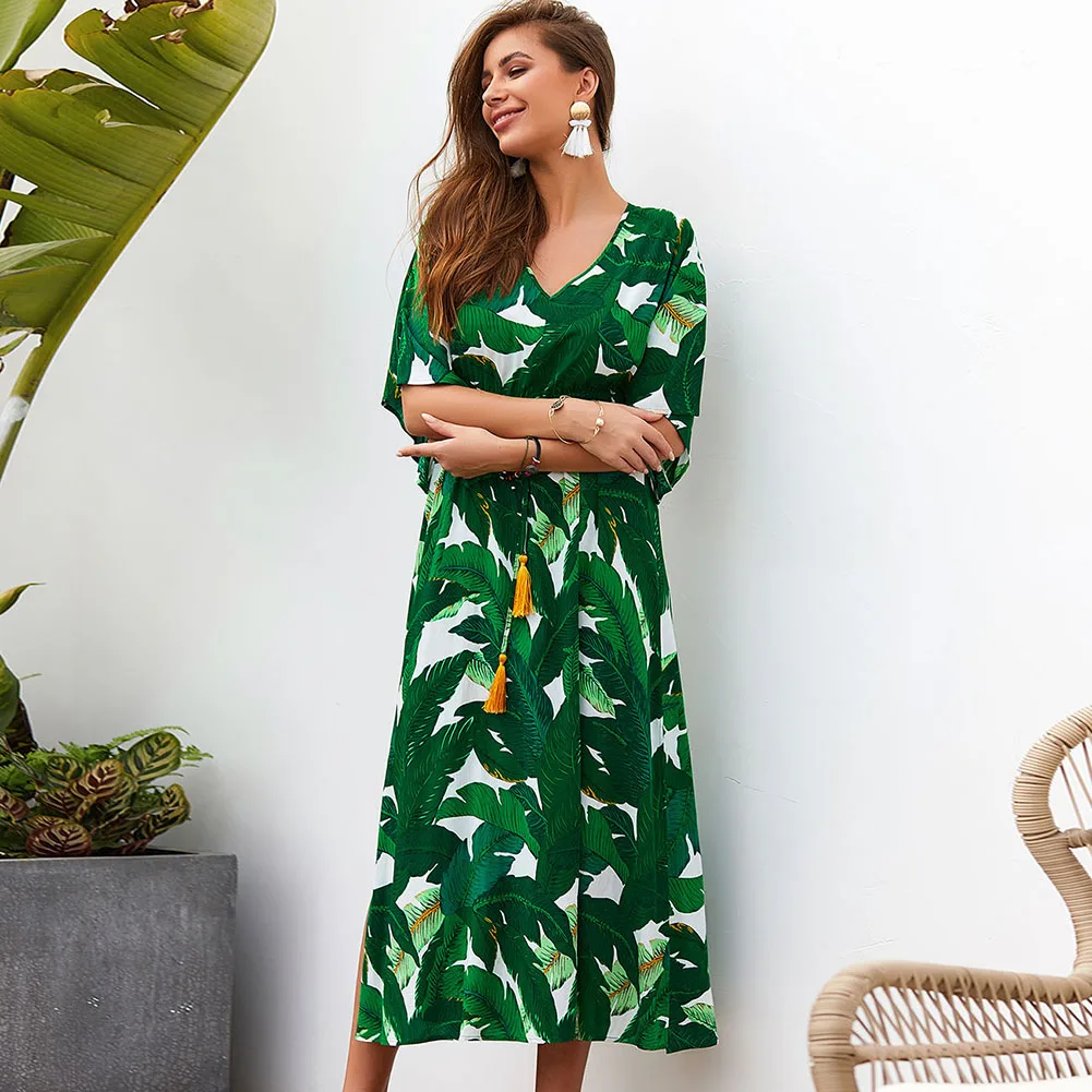 FADZECO Платье женское s лист печати Бохо длинное шифоновое платье повседневное v