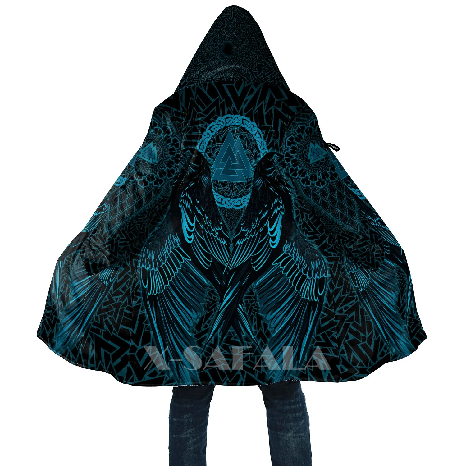 

Viking Style Raven Valknut Cyan 3D Printed Hoodie Long Duffle Coat Hooded Blanket Cloak Thick Jacket Cotton Pullovers Dunnes