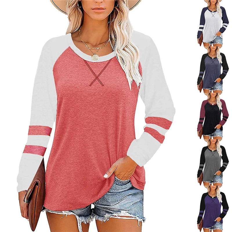 

Women Spring And Autumn Long Sleeve T Shirt Casual Solid Female Clothing Tees Full Sleeve Patchwork T-Shirts Ladies 2021 Tops