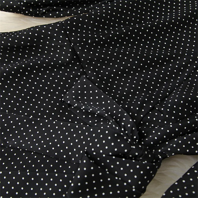 

Elegant V Neck Bandage Dot Print Ruffle Asymmetrical Dress Spring Woman Clothes Vintage Robe Femme Casual Party Vestidos