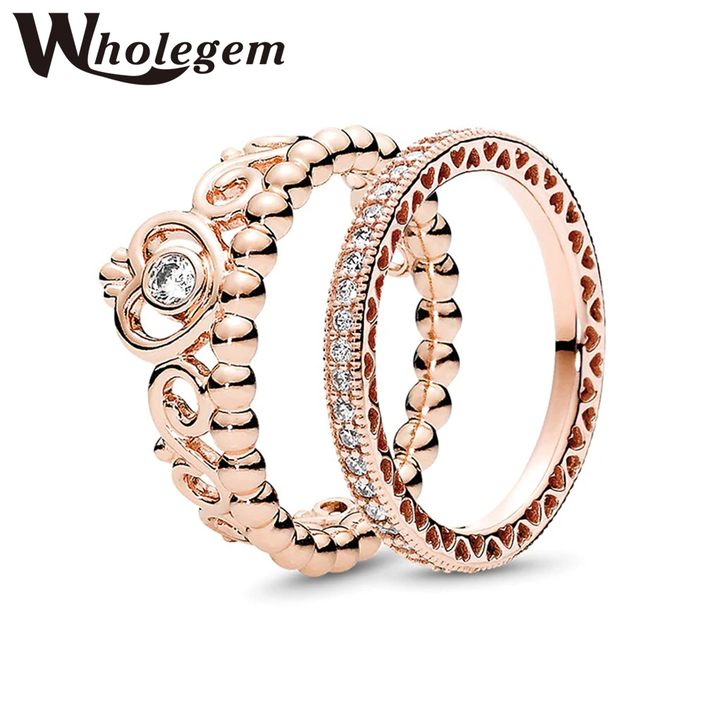 

WHOLEGEM Crown Hollow Heart Rings Set Women's Creative Engagement Charm Exquisite Zircon Wedding Jewelry Wholesale