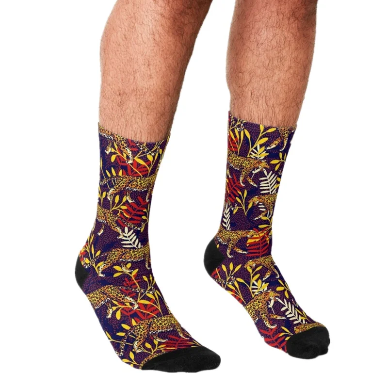 

Забавные мужские носки 2021, счастливые носки в стиле хип-хоп с рисунком леопарда для прогулок, милые мужские сумасшедшие носки в уличном стил...