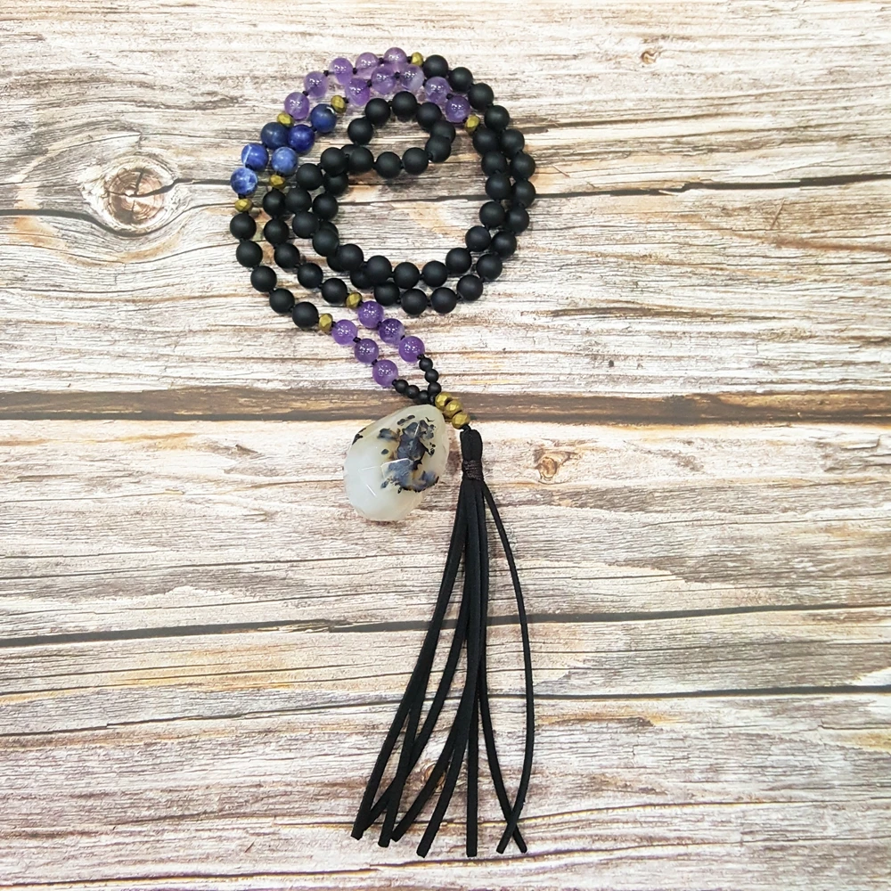 ЛИИ Цзи натуральный аметист содалит Агат Кулон кожа Богемия длинное ожерелье 30