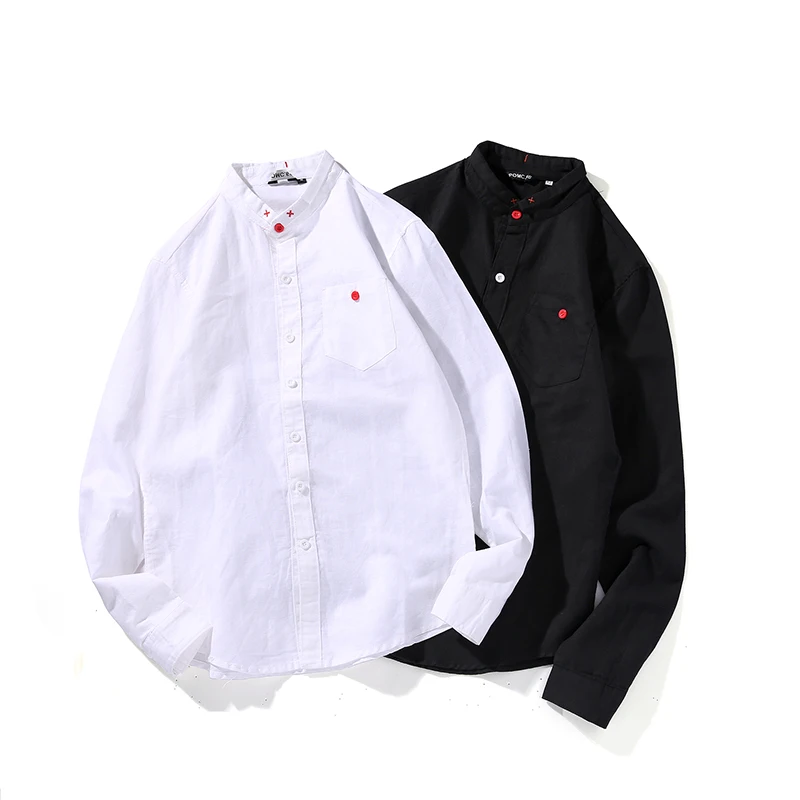 

Рубашка мужская с воротником-стойкой, хлопково-Льняная сорочка в китайском стиле, Повседневная льняная рубашка в ретро стиле с длинным рука...