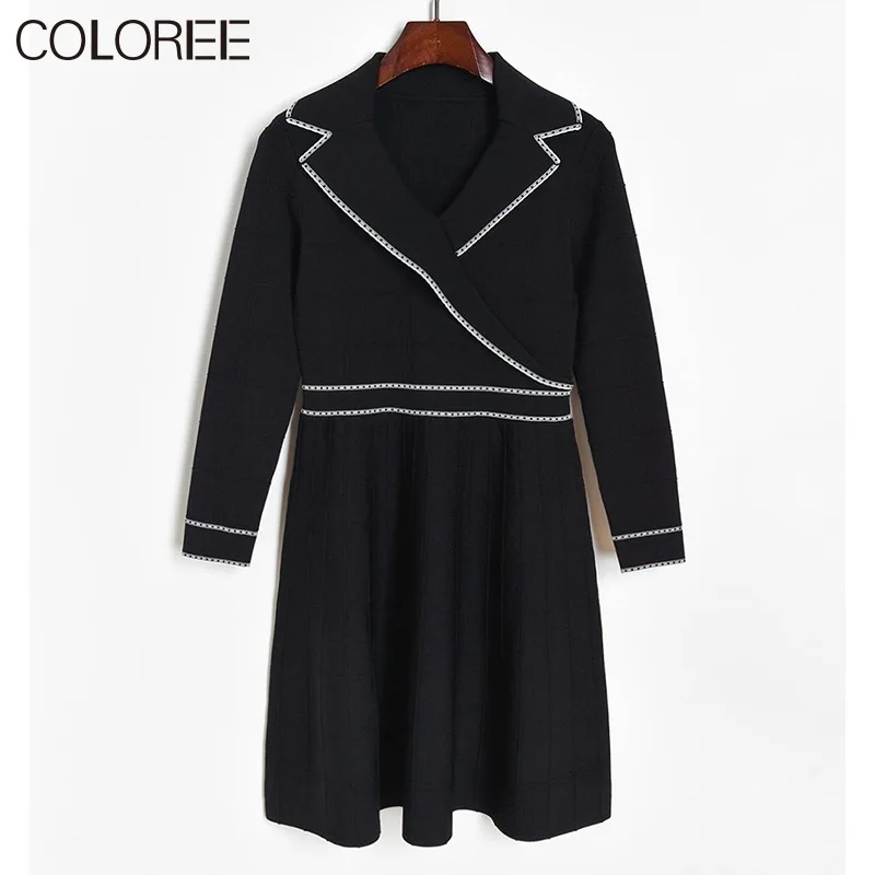 

Korean Fashion Autumn Winter Clothes 2020 Vintage Turn-down Collar Long Sleeve Midi Knitted Sweater Dresses For Women