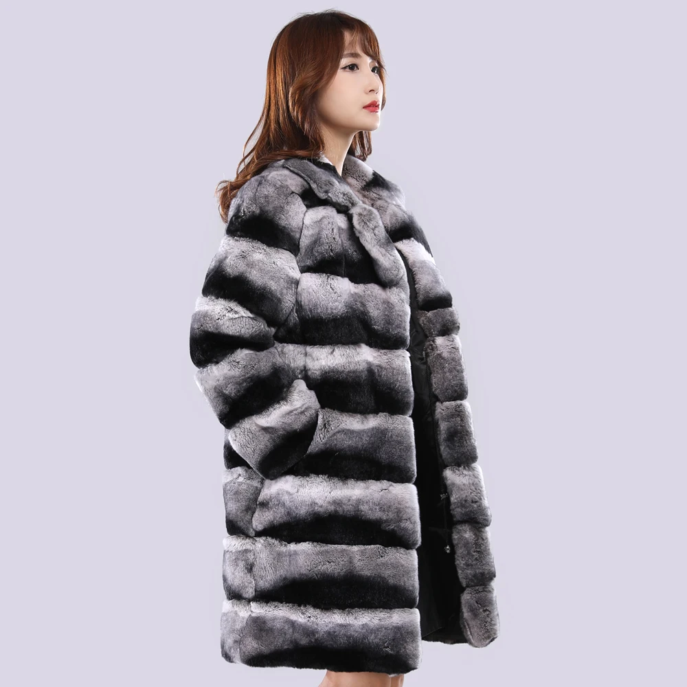 Женская Шуба из натурального меха шиншиллы полосатая шуба кролика Рекс с