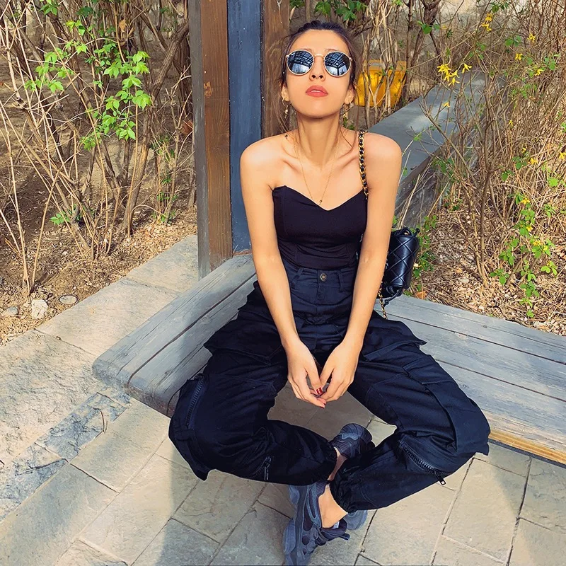 

Vintage ladies black cargo pants women pockets loose pants joggers baggy trousers women korean streetwear 2019 antumn