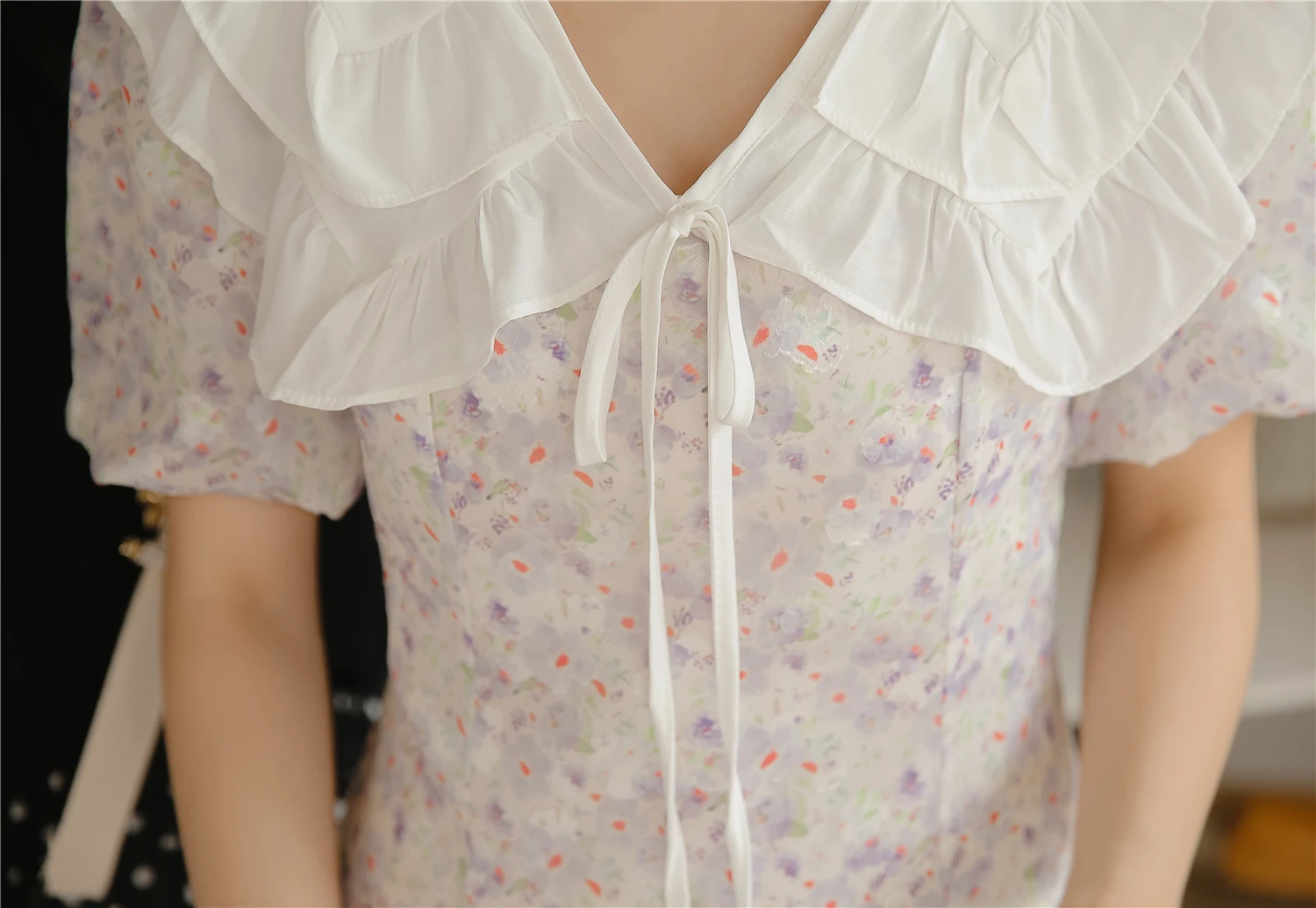 

Elegant Chiffon Dress Fashion Short Puff Sleeve Women Casual Floral A-Line Dress Girl's Holiday Sweet Print Slim Kawaii Dress