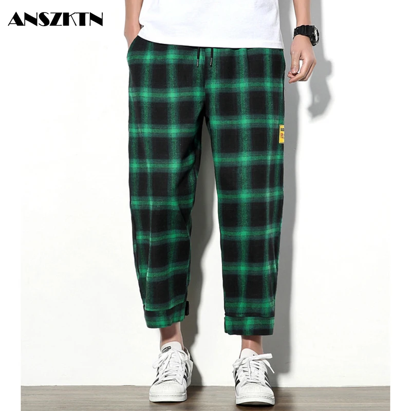 

ANSZKTN Men's Joggers Plaid Pants Elastic Cropped Cotton Trousers Shorts Summer Casual Streetwear Loose Short Sweatpants Male