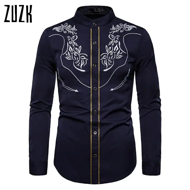 ZUZK Новинка Цвет черный темно синий Красная рубашка Для мужчин вышитые Slim Fit