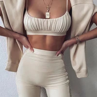 vamos todos 21summer pleat top bra crop tank hot outfit pants two pcs sets solid vest camis fitness yoga leggings sexy outsuits