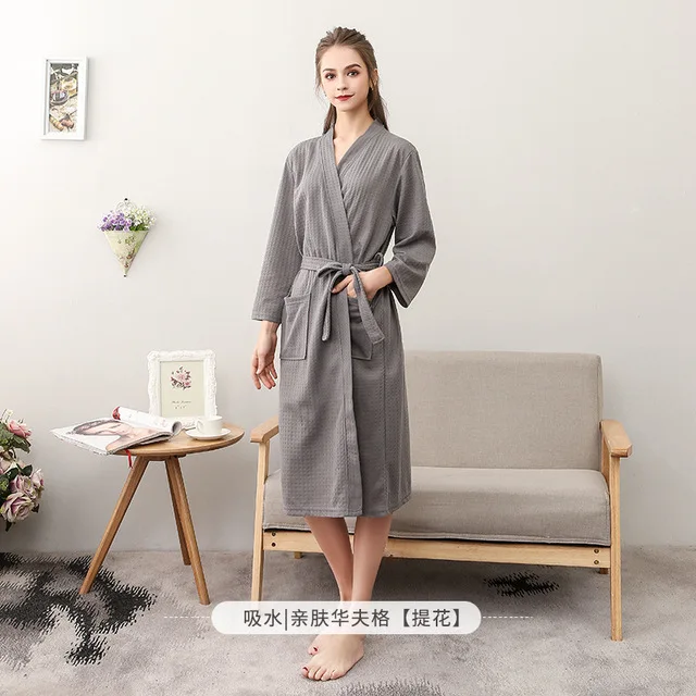 Women gray Весенне-осенний парный халат с v-образным вырезом, одежда для сна, банный халат, повседневное однотонное китайское кимоно, свободное интимное нижнее белье, халаты - Цвет: Women gray