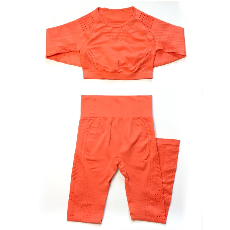 orange set 2 шт./компл. жизненно Для женщин спортивный костюм для занятий йогой спортивный комплект для тренажерного зала, состоящий из спортивная одежда с длинным рукавом Фитнес укороченный топ+ Высокая Талия энергии бесшовные леггинсы для женщин - Цвет: orange set