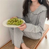 home suit lounge wear pajamas for girls women long sleeve korean style leisure autumn solid turn down collar loose trousers