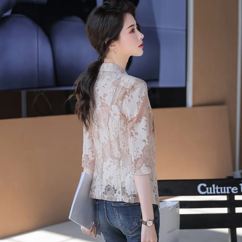 White Chiffon Lace Blazer women's spring summer short thin casual women's  coat girl jacket 3 quater sleeve
