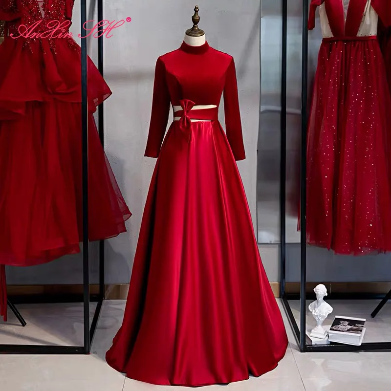 

AnXin SH princes wine red velour satin evening dress vintage party long sleeve o neck little bow bride a line evening dress