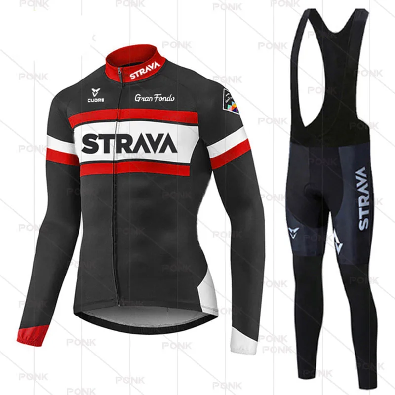 

Осенний комплект трикотажной одежды STRAVA для велоспорта с длинным рукавом, одежда для шоссейного велосипеда, мужские брюки с нагрудником, од...