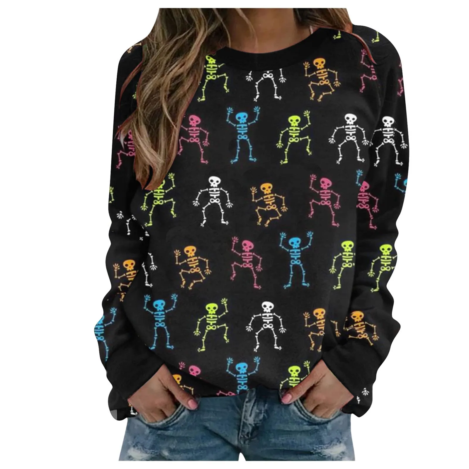 

Women Long Sleeve Halloween Hoodies Pullover Sweatshirt Stitching Printed Loose Tops Blouse Crewneck Sweatshirts For Women
