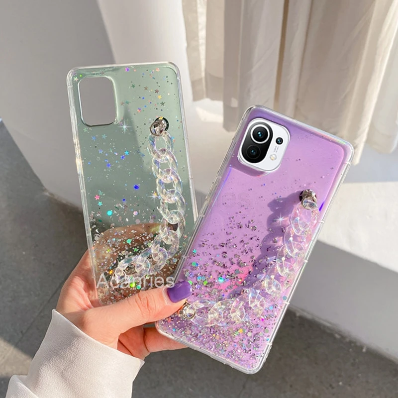 Luxury Bling Glitter Chain Phone Case For Xiaomi Mi 11 Lite Ultra 10T Note 10 9 Pro 8 Lite Bracelet Wriststrap Soft Back Cover