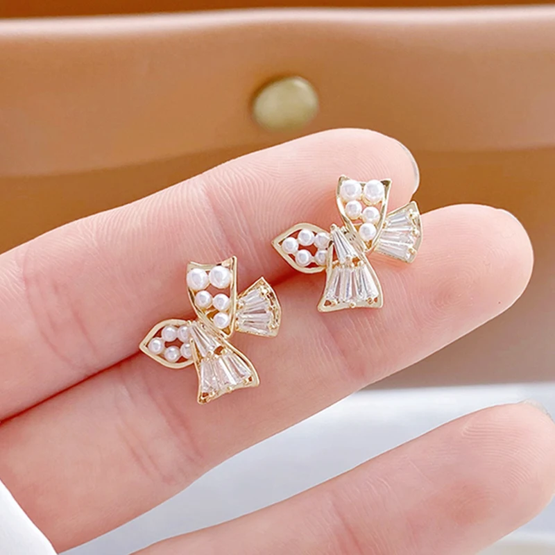 

2021 Trend 14K Real Gold Plated Bow Pearl Stud Temperament Earrings for Women Jewelry AAA Zirconia S925 Silver Needle Stud Gift