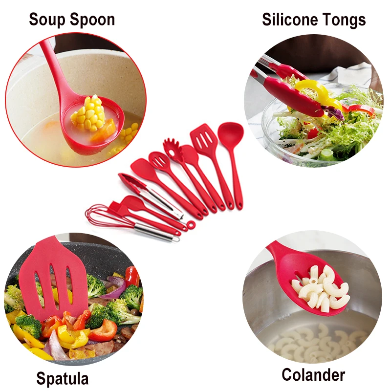 

11PCS/10PCS Silicone Kit Utensils Heat-resistant Cooking Utensils Soup Spoon Whisk Tongs Nonstick Cookware Set Cake Spatula