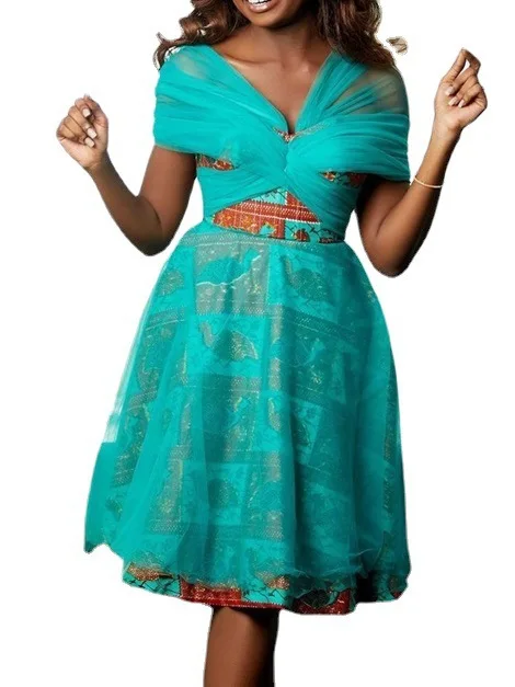

New Arrival Summer African Women V-neck Polyester Short Sleeve Dress African Dresses for Women African Clothes