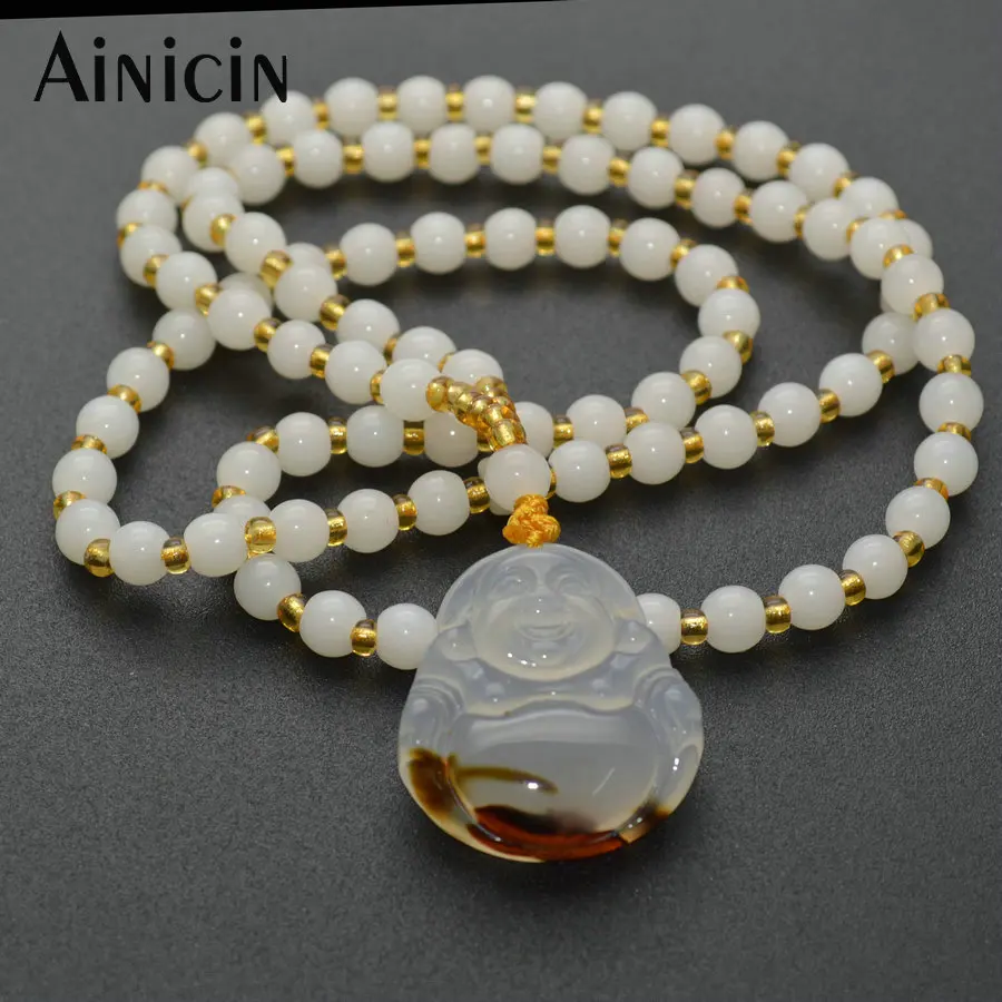 

Original Natural Agate Hand Carved Laughing Buddha Pendants 24'' Stone Beaded Chain Necklace Fashion Women Sweater Chain Jewelry