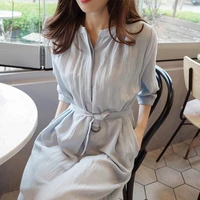 2021 autumn new korean fashion small fresh mid length dress temperament simple loose lace up shirt women