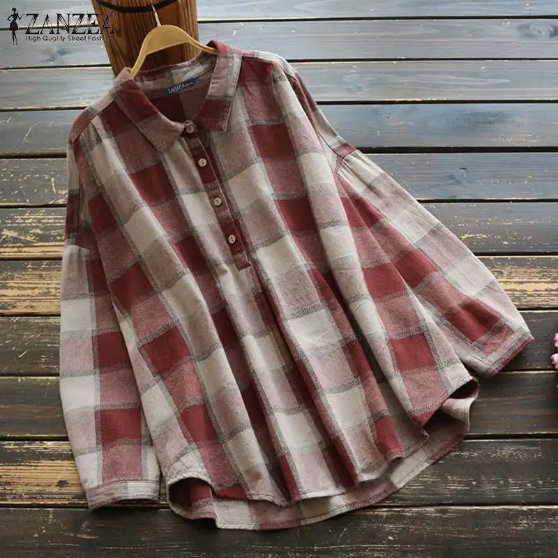 

Женская рубашка с длинным рукавом, в клетку, с отворотом