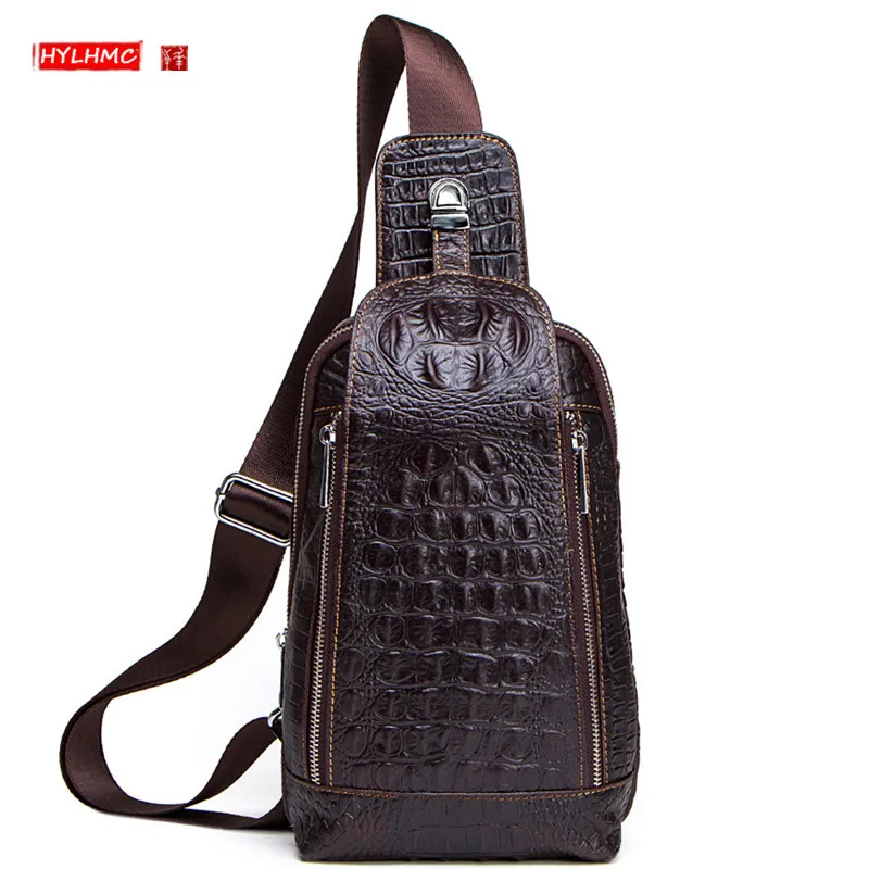 New Genuine Leather Men's Chest Bag Crocodile Pattern Leather Shoulder Bag Packs European And American Men Messenger Bags