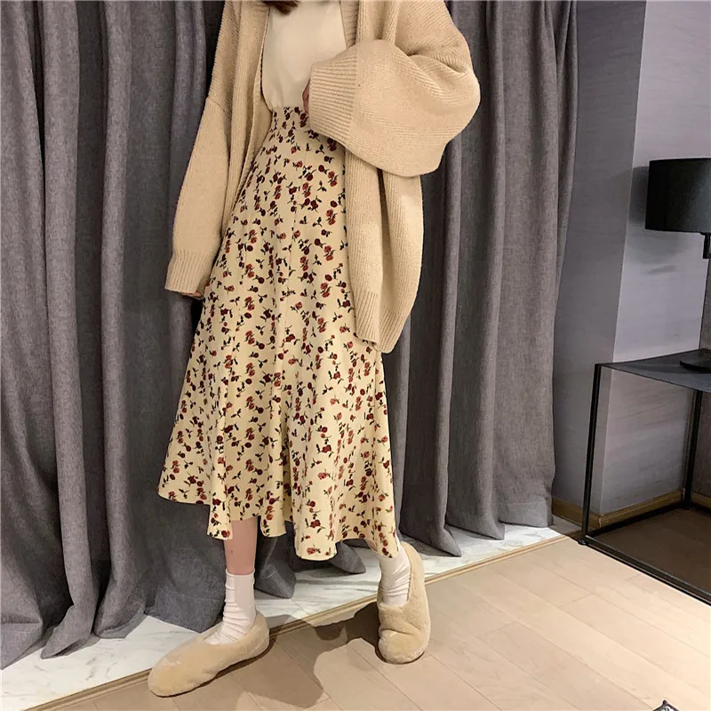 

Осенне-зимняя женская юбка Fdfklak, новая французская нишевая ретро юбка с цветочным принтом и высокой талией, тонкая длинная Вельветовая юбка, юбки для девушек и студенток