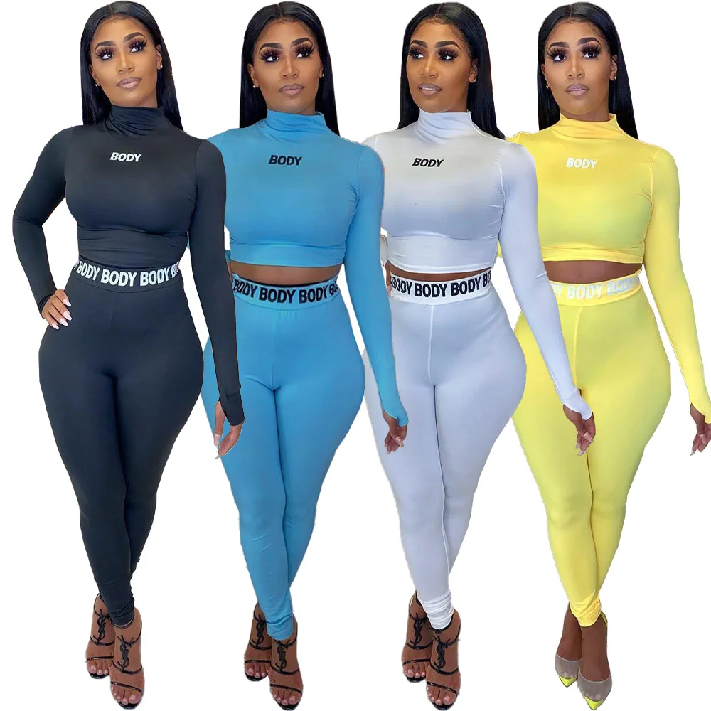 

Body Letter Print Women Two Piece Set Tracksuit Turtleneck Long Sleeve Shirts Crop Top Pencil Pants Jogging Suit Autumn Clothing