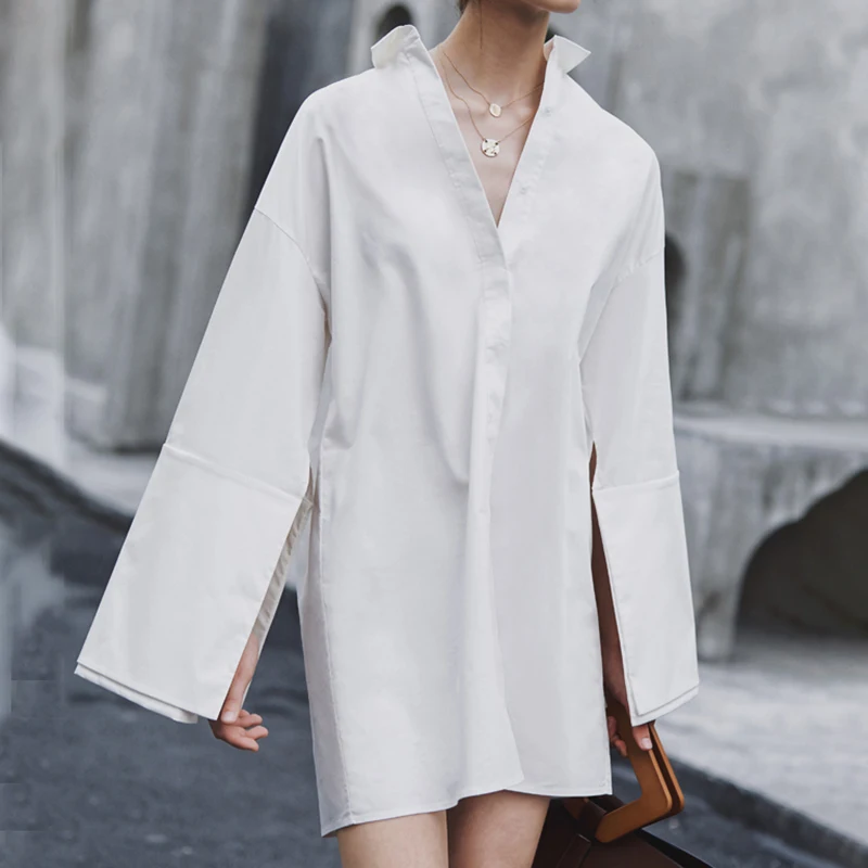 CHICEVER корейское свободное прямое платье-рубашка для женщин воротник с отворотом