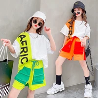 summer teen girls t shirtcargo shorts fashion patchwork hip hop performance suits children clothing sets teenager 6 8 10 12 14y