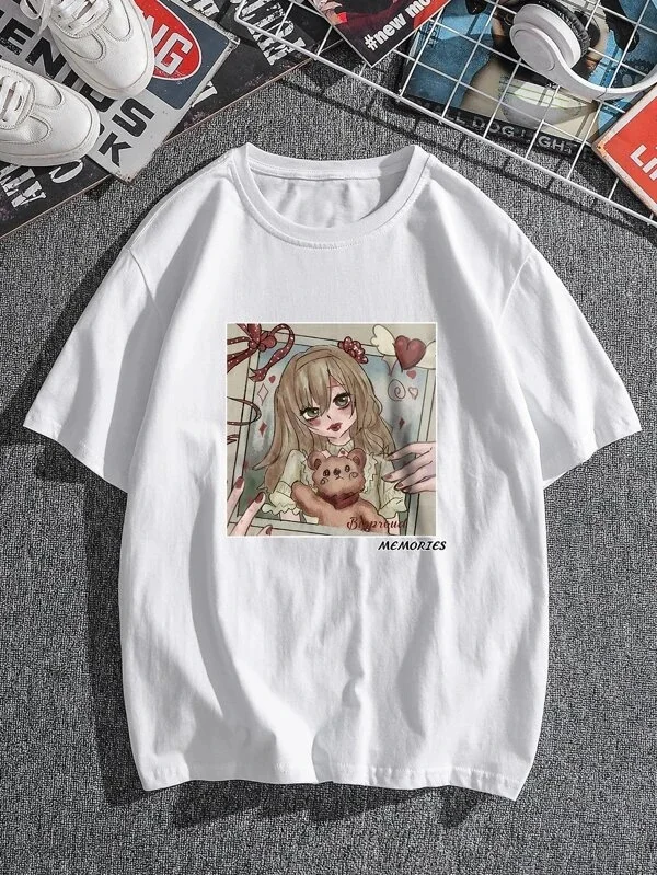 Японская мода графическая футболка с изображением девушки и медведя милая
